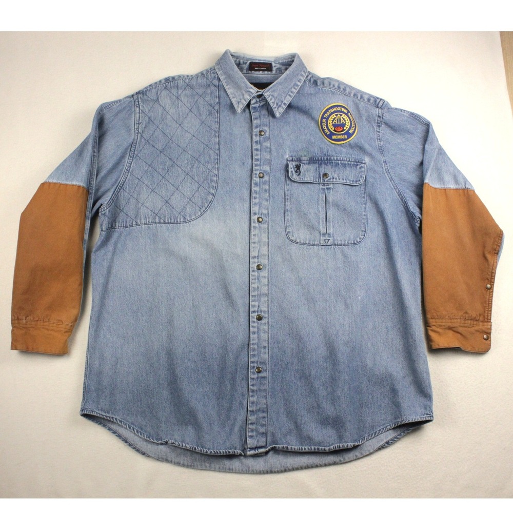 Browning Vintage Denim Shirt Men's XXL Shooting Hunting ATA Padded Shoulder